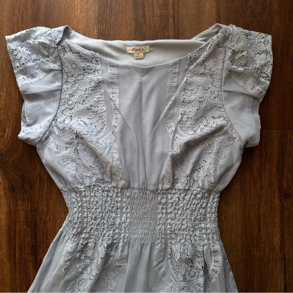 Vintage Lace Mini Dress Smocked Flutter Sleeve Romantic Coquette Cottagecore Y2K - Picture 3 of 9